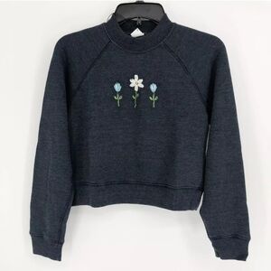 Re/Done Navy Blue Crew Neck Cropped Pullover with Floral Embroidery